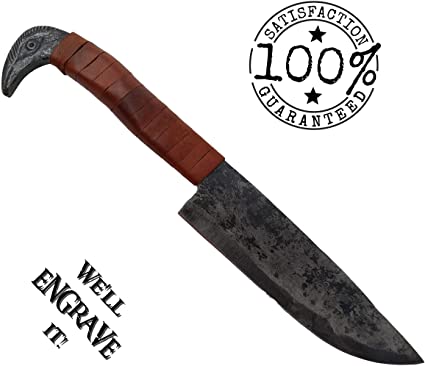 AleHorn Handmade Medieval Viking Knife with Raven's Head Hilt & Leather Sheath, 5.5 inch Blade