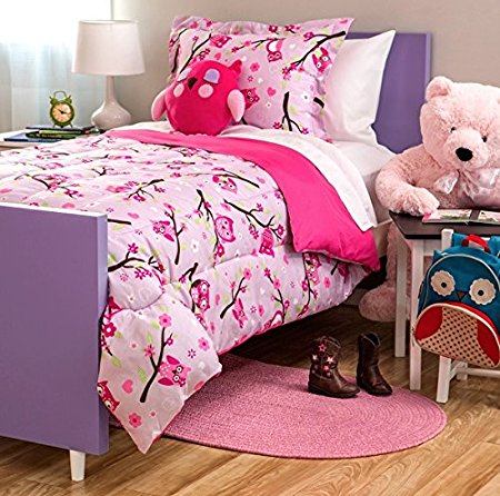 Kids Girls Teen Pink Flowers and Owls Comforter Bedding Set Full or Twin (twin)