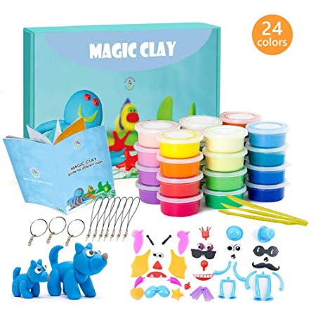 Modeling Clay Kit - 24 Colors Air Dry Ultra Light Magic Clay, Soft & Stretchable DIY Molding Clay with Tools, Animal Accessories, Easy Storage Box Best Crafts Gift for Boys & Girls Age 3-12 year old