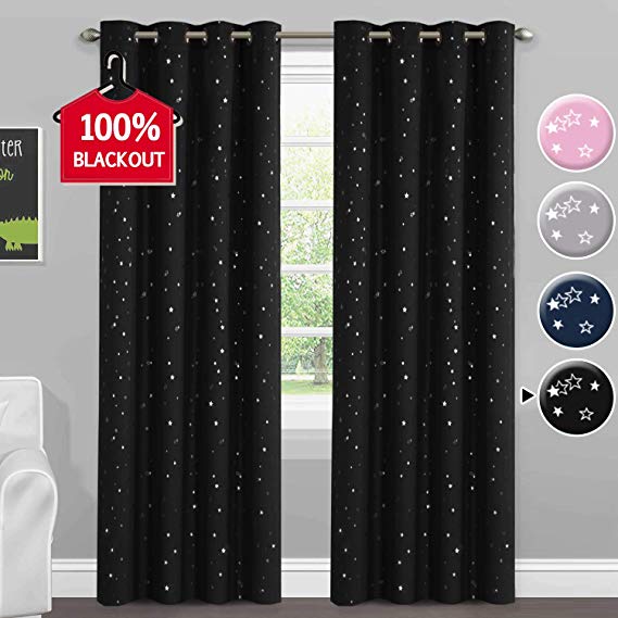 H.VERSAILTEX 100% Blackout Star Curtains for Boys Room Thermal Insulated Kids Room Curtain Primitive Star Curtains (2 Panels), 52 inch Width by 84 inch Length, Black