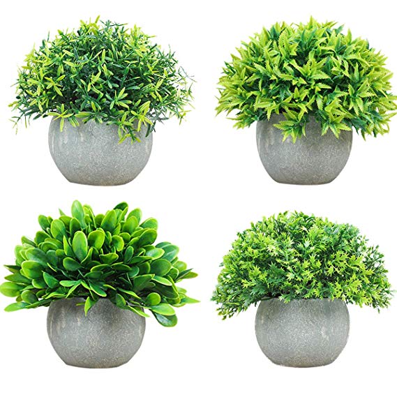 HEBE 4 Pack Artificial Potted Plants Plastic Mini Plants Topiary Shrubs Fake Plants with Pots for Bathroom Living Room,House Decorations