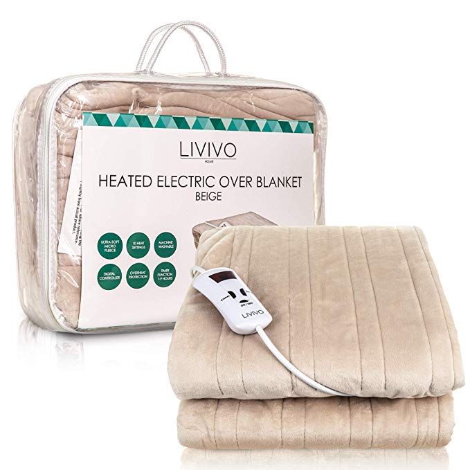 LIVIVO Heated Electric Over Blanket – Ultra Soft Micro Fleece Throw with 10 Heat Settings and Timer Function – 160x120cm - Easy to Use Detachable Digital Control - Machine Washable (Cream)