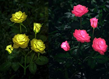 XLUX [New Material] Outdoor Realistic Solar Powered Rose Lights Flower Stake, for Garden Patio Yard Pathway Decoration, Pink Yellow, 2 Pack