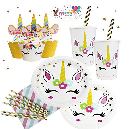 Premium Unicorn Party Supplies Set, Paper Plates, Disposable Cups, Straws, Napkins, Serves 20 Guests, Gold Star Decorations, BONUS 24 Cupcake Wrappers and Toppers Girls Birthday 114 Piece Pack By Pipers Party