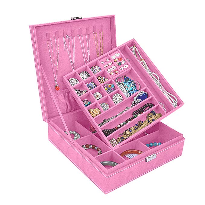 Opret Jewelry Organizer with Lock, Two-Layer Lint Jewelry Box Jewelry Storage Case for Girls and Women, for Valentine's Day, Birthday and Anniversary