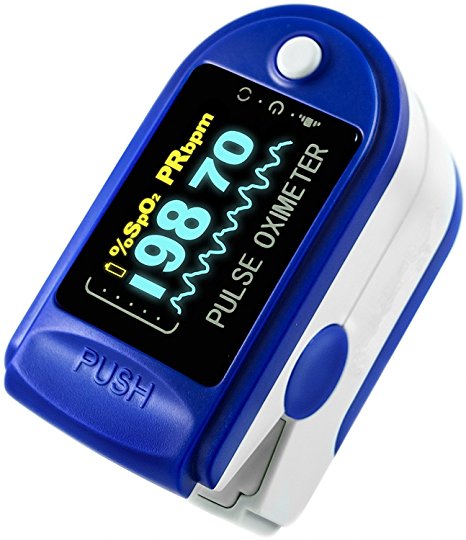 Finger Pulse Oximeter by Showsa Precision, SpO2 Device for Blood Oxygen Saturation Level Reading, Fingertip Oxygen Meter w/ Alarm & Pulse Rate Monitor - Measure Accurate Oxygen Levels (Blue)
