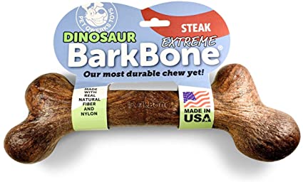 Pet Qwerks Dinosaur BarkBone Chew Toy - Tough Durable Nearly Indestructible Bone for Extreme Aggressive Power Chewers | Made in USA, with FDA Compliant Nylon - 2 Flavors Available