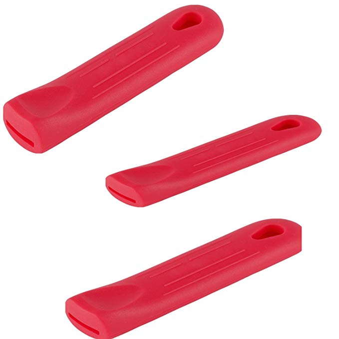 Bundle of 3 Red Silicone Handle Sleeves; 3 Sized of Pot and Skillet Handle Holders