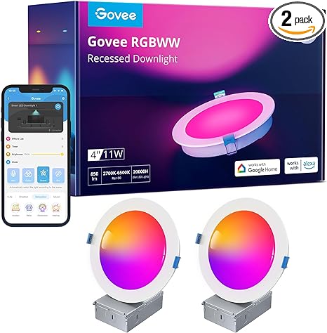 Govee Smart Recessed Lighting 4 Inch, Wi-Fi Bluetooth Direct Connect RGBWW LED Downlight, 65 Scene Mode, Work with Alexa & Google Assistant, LED Recessed Lighting with Junction Box, 850 Lumen, 2 Pack