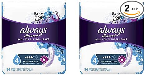 Always Discreet Incontinence Pads for Women, Moderate Absorbency, Long Length, 54 Count (Pack of 2)