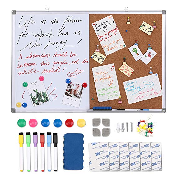 Magicfly Magnetic Cork/Dry Erase Combo Board, 36 x 24 Inch Whiteboard with 6 Water Based Markers, 6 Magnets, 1 Magnetic Eraser, 20 Push Pins, Use as Presentation, Bulletin, Memo Board, 1 Pack