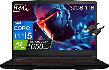 MSI GV15 Thin GF63 15.6" FHD 144Hz Gaming Laptop (32GB RAM, 1TB PCle SSD, Intel 6-Core i5-11400H, GeForce GTX 1650 Max-Q) Red Backlit Keyboard, Webcam, WiFi 6, Type-C, IST Cable, Win 11 Home