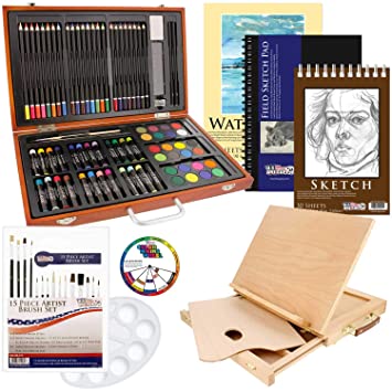 US Art Supply 82 Piece Deluxe Art Creativity Set in Wooden Case, Wood Desk Easel and BONUS 20 additional pieces - Deluxe Art Set