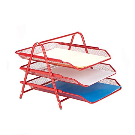 Mind Reader 3TPAPER Desk Organizer with 3 Sliding Trays for Letters, Documents, Mail, Files, Paper, Red, 3 Tier