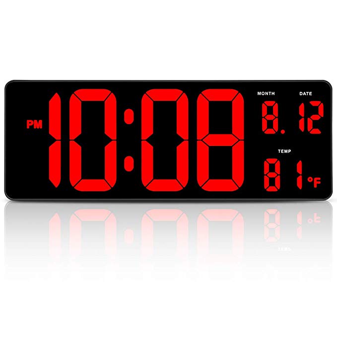 DreamSky 14.5" Extra Large LED Digital Clock with Date and Indoor Temperature Display. Oversize Desk Office Wall Cock with Fold Out Stand, Large Number Display. Auto DST Time Change. (Red)