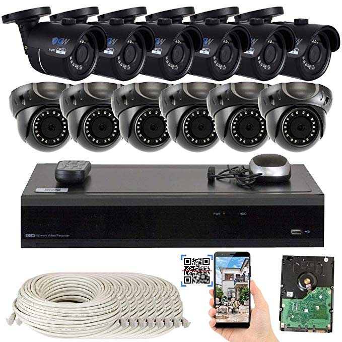 GW 16 Channel H.265 4K NVR 8-Megapixel Security Camera System, (6) Bullet and (6) Dome 8MP PoE Outdoor Indoor Waterproof UltraHD 4K IP Cameras, 4TB Hard Drive
