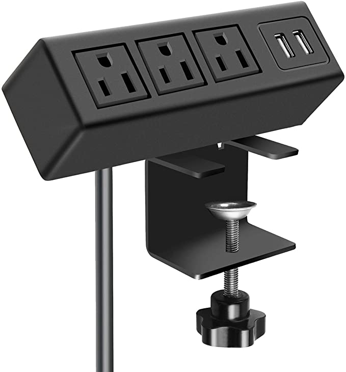 3 Outlet Desk Clamp Power Strip, Desktop Power Strip with USB Ports, Desk Mount USB Charging Power Station, on Desk Edge Power Outlet 125V 12A 1500W, 6FT Desk Outlet Strip. (3FT, Black)