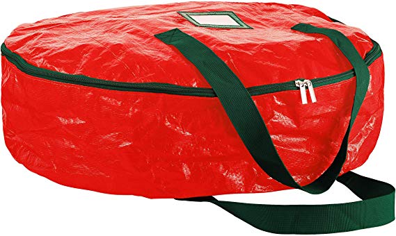 ZOBER Christmas Wreath Storage Bag 36" - Water Resistant Fabric Storage Dual Zippered Bag for Holiday Artificial Christmas Wreaths, 2 Stitch-Reinforced Canvas Handles, Card Slot for Labeling