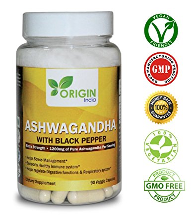 Origin India Ashwagandha Root Powder 1200mg - 90 Veggie Capsules - Ashwaganda Supplement Certified – Black Pepper Extract For Increased Absorption