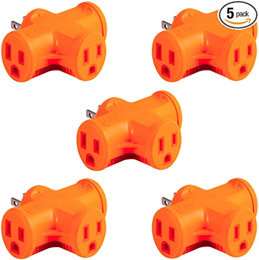 GE Outlet T-Shaped Adapter, 5 Pack, 3-Prong Power Extender, Grounded Wall Tap, Heavy Duty, UL Listed, Orange, 50912