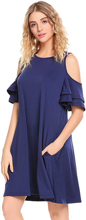 Showyoo Women’s Cold Shoulder Ruffle Sleeve Loose Tunic Swing Dress with Pockets