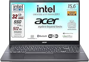 Acer, Pc portatile notebook, Core i5 13Th 10 Core, fino a 4,6 Ghz, Ram 32 Gb DDR5, SSD PCI 512 Gb, Display 15,6" FHD, Win 11 Pro, Tastiera retroilluminata, Preconfigurato, garanzia Italia