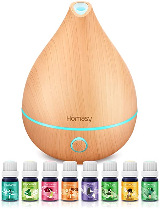 Homasy 130ml Aroma Diffuser with 8 * 5ml Essential Oils Set, 19dB Quiet Essential Oil Diffusers with 8 Colour Lights, BPA-Free Aromatherapy Oil Difuser for Home, Office, Bedroom-Yellow Wood Grain