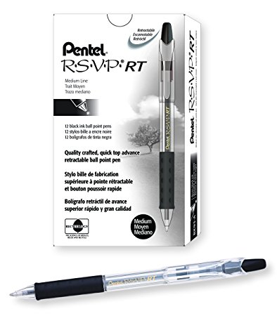 Pentel R.S.V.P. RT Retractable Ballpoint Pen, 1.0mm Tip, Black Ink, Box of 12 (BK93-A)