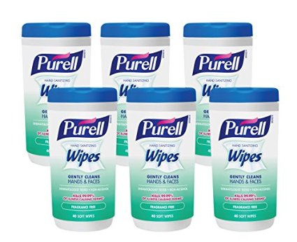 Purell 9121-06-CMR Hand Sanitizing Wipes, Fragrance Free, 40 Count Canister (Pack of 6)