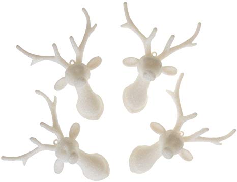 Clever Creations Christmas Reindeer Ornaments Set | White Christmas Decor Theme Shatter Resistant Plastic | 5.5" Tall Sparkling Reindeer Head Ornaments | 4 Pack