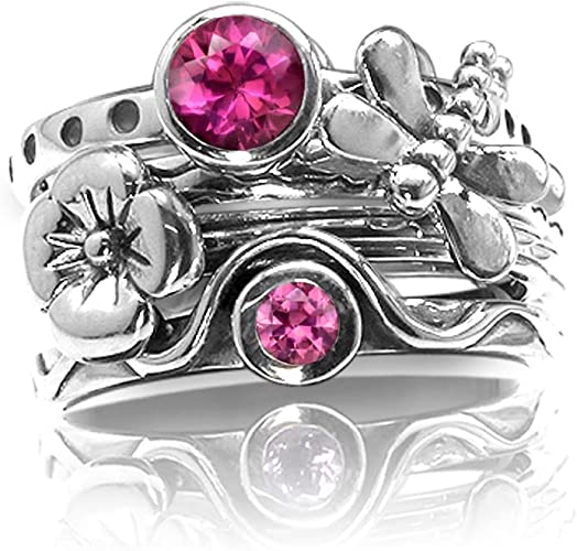 Silvershake Set of 4 Gemstone 925 Sterling Silver Dragonfly and Flower Stackable Rings Jewelry for Women Multiple way of Wear