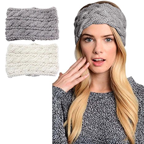 2 pack Womens Winter Knit Headband & Hairband Headwrap Hat Cap Ear Warmer