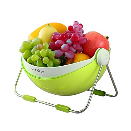 Lifewit Fruit Wash Bowl 360 Rotatable Lid Fruit Holder Centerpiece Vegetable Washing Basket Storage & Draining Basket, Food Grade ABS & Stainless Steel, Green (Fake Fruits not Included)