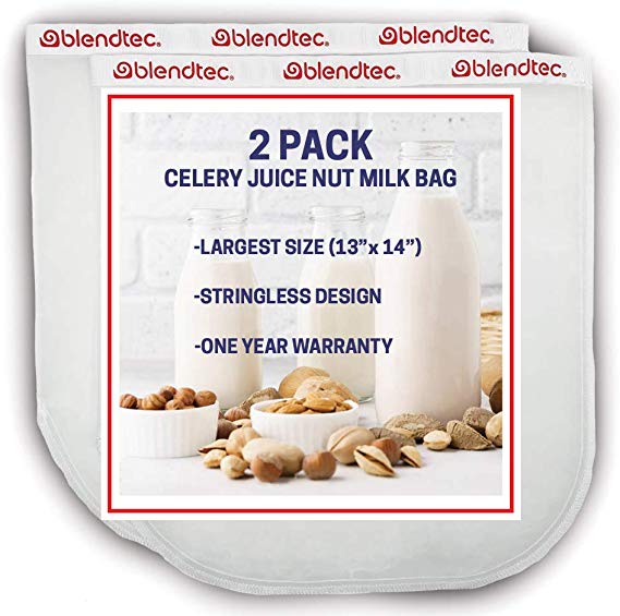 Blendtec Nut Milk Bag XL Size 13" x 14" Great for Celery Juice - Commercial Grade Reusable Nylon Bag - All Purpose Fine Mesh Strainer Great for Almond Milk, Cold Brew, Juices and More (2 Pack)