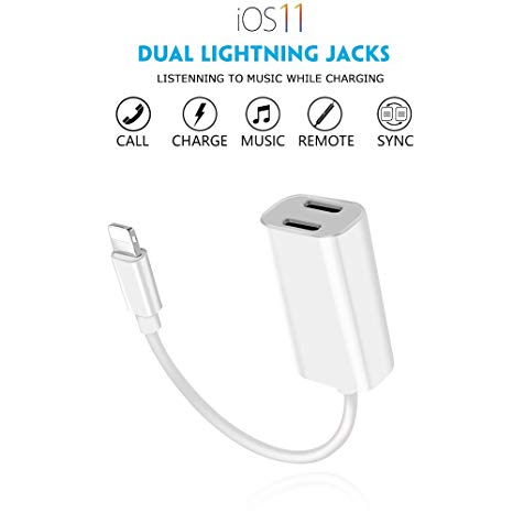 Alquar iPhone Lightning to Dual Port Charging and Headphone Adapter, 2 in 1 charge and listen to music at the same time，For iphone 7/7 plus/8/8 plus/X Support iOS 11 and before