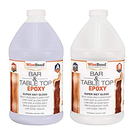 WiseBond Crystal Clear Bar and Table Top Super Wet Gloss Epoxy Resin, 2 Part 1 Gallon 1:1 Ratio Kit, Self Leveling Flood Coat Epoxy perfect for Counter Tops, River Tables and Live Edge Wood Slabs