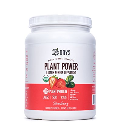22 Days Nutrition Organic, Gluten Free, Vegan- Pea, Flax, and Sacha Inchi- Plant Based Protein Powder (20g) Strawberry Tub- No Added Sugar, Naturally Sweetened with Stevia- 14.81 Ounce