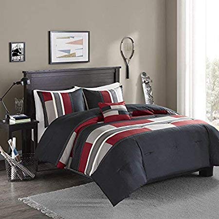 Comfort Spaces - Pierre Comforter Set - 3 Piece - Black/Red - Multi-Color pipeline Panels - Perfect For Dormitory - Boys - Twin/Twin XL size, includes 1 Comforter, 1 Sham, 1 Decorative Pillow