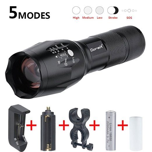 Goreit® X800 Military Zoomable Ultra Bright 900 Lumens Hiking Flashlight ,Handheld XM-L T6 Rainproof bicycle Flashlight,Ajustable Focus,with 18650 Battery Charger,360°rotation bike mount