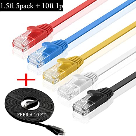 Cat 6 Ethernet Cable(Mixed Color 5 Pack) Cat6 Internet Network Cable Flat,Ethernet Patch Cables Short,Computer LAN Cable with Snagless RJ45 Connectors (1.5 Ft- 5 Pack)