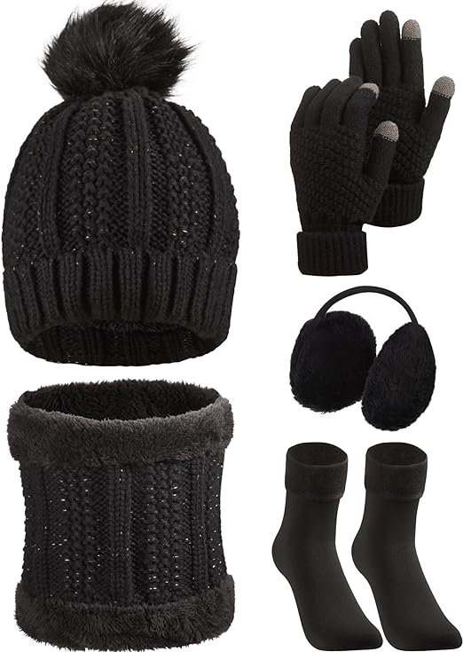 SATINIOR 5 Packs Winter Warm Hat and Gloves Set Knitted Scarf Beanie Pompom Hat Winter Ear Warmer Ski Earmuffs Stocking for Women