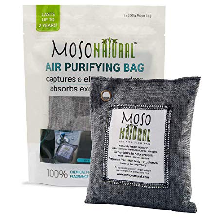 Moso Natural Air Purifying Bag. Odor Eliminator for Cars, Closets, Bathrooms and Pet Areas. Captures and Eliminates Odors. Charcoal Color, 200-G