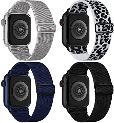 Stretchy Nylon Solo Loop Bands Compatible with Apple Watch 38mm 40mm 41mm 42mm 44mm 45mm, Adjustable Braided Sport Elastic Wristbands Women Men Straps for iWatch Series 7/6/5/4/3/2/1/SE, 4 Packs