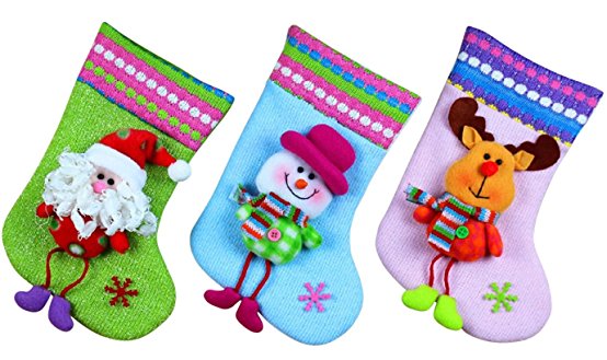 11" (3 Pack) Plush 3D Embroidered Christmas Stockings, Adorable Detailed Designs, Hanging Loops, Includes Santa, Snowman and a Reindeer