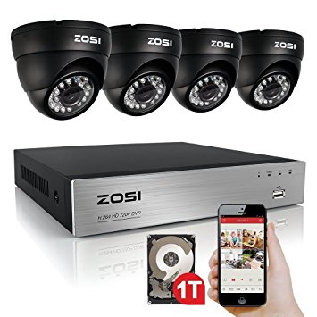 ZOSI 8-Channel 720P HD Video Security System CCTV DVR 4 Indoor/Outdoor 1.0MP 1280TVL Surveillance Security Camera System (Full 720P, HDMI Output, Weatherproof)
