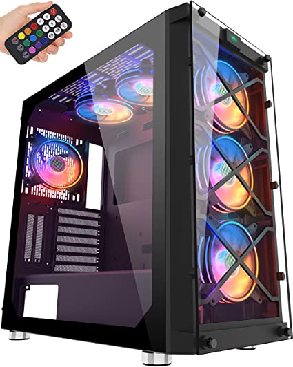 MUSETEX USB 3.0 Ports & 6 PCS 120mm LED RGB Fans Pre-Installed ATX Mid Tower Computer Gaming Case with Remote Control Tempered Glass Window (BX6-MD6)