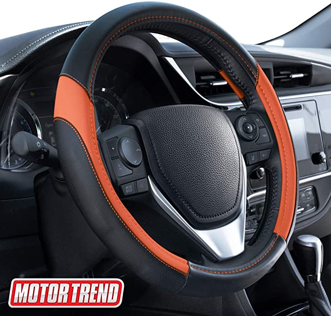 Motor Trend SW-814 Sport Drive Perforated Leather Steering Wheel Cover with Contrast Stitching - Universal Fit for Standard Sizes 14.5 15 15.5 inches (Orange   Black)