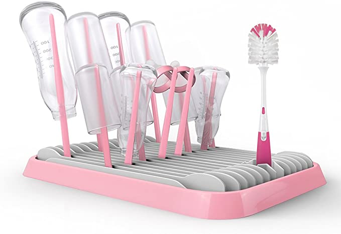 UPPEL Baby Bottle Drying Rack with Tray，High Capacity Foldable Countertop Bottle Holder for Bottles, Teats, Cups, Pump Parts and Accessories (Pink)