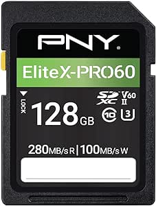 PNY 128GB EliteX-PRO60 UHS-II SDXC Memory Card - R280MB/s W100MB/s, U3, V60, 4K UHD, Full HD, UHS-II for Professional Photographers & Content Creators, DSLR Mirrorless Cameras, Advanced Video Cameras