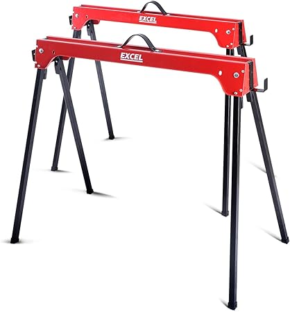 Excel Compact Folding Steel Saw Horse Heavy Duty Twin Pack Supports Up to 500kg Capacity Lightweight & Portable - Sawhorse - Saw Bench - Sawhorse Workbench - Saw